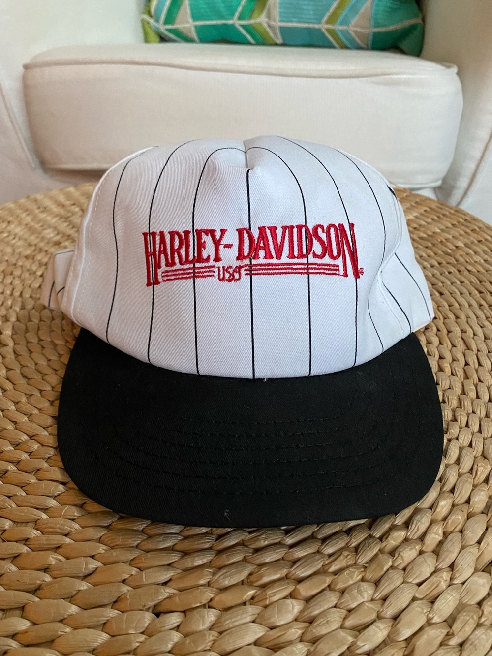 VTG 90s Harley-Davidson USA White W Black Pinstripes Red Embroidered Logo Hat